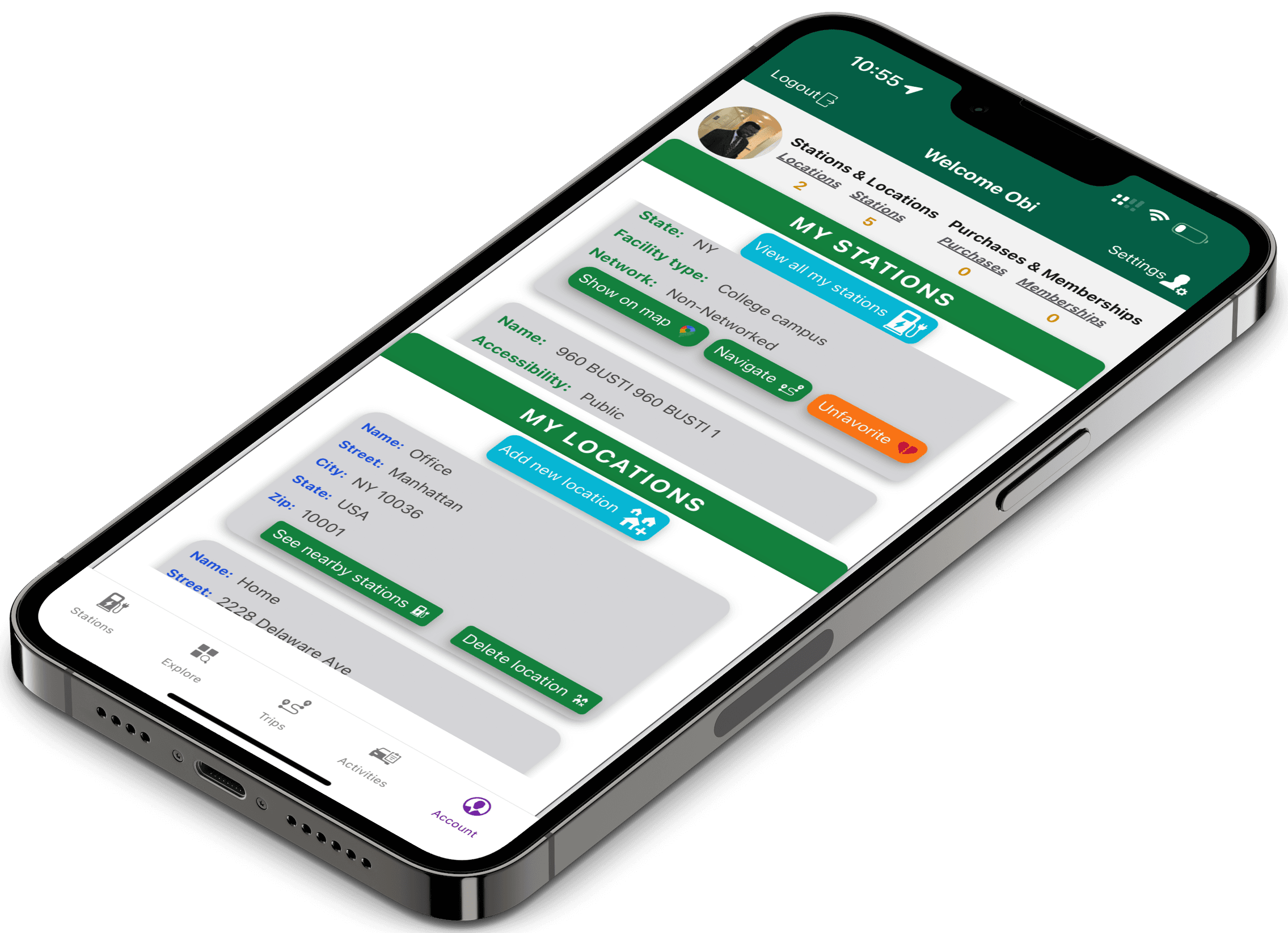 Station locate app user profile screen